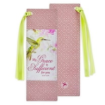 Christian Art Gifts Premium Vegan Leather Scripture Bookmark for Women: Grace is Sufficient Inspirational Bible Verse Cute Hummingbird Book Accessory, Pink Multicolor Floral & Lime Green Satin Ribbon