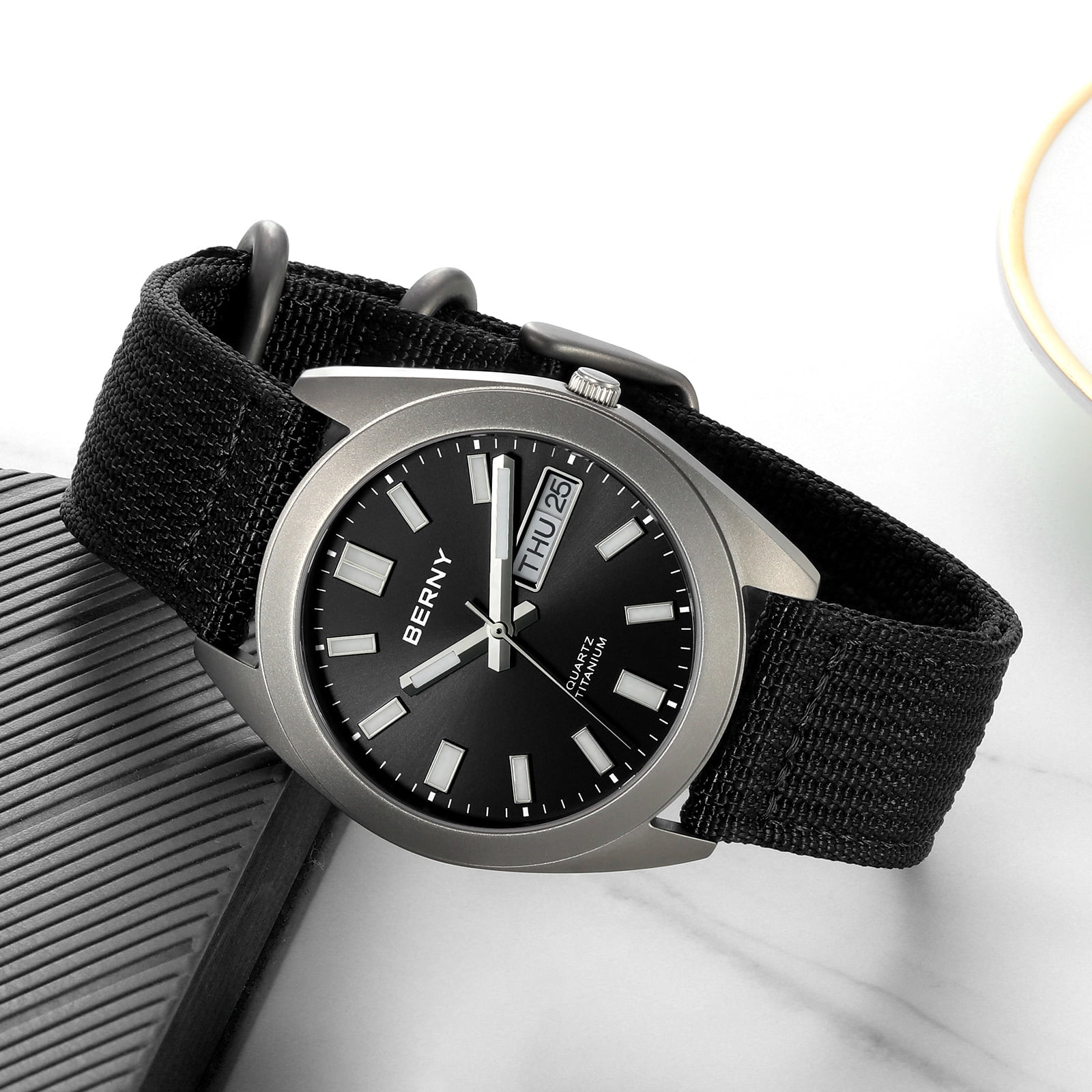 BERNY Titanium Watch for Men, Sport Men's Field Watch, Military Analog Quartz Watch with Date, Canvas Strap, Japanese Quartz Movement, Super Luminous, 10ATM Waterproof Army Wristwatch, Black