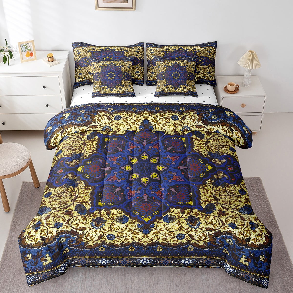 YST Exotic Flowers Pcs Comforter Set King Dark Blue Yellow