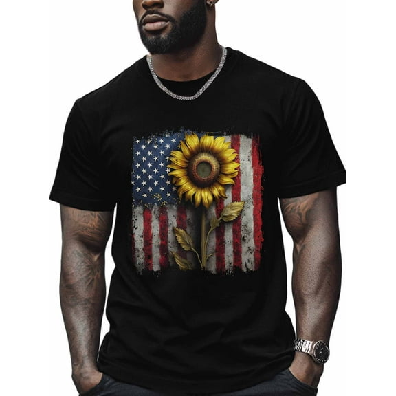 USA Flag Sunflower Men's T Shirts T-Shirt for Men Crew Neck Tees Cotton Tops, Black, S