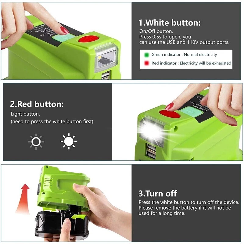 150W Powered Inverter Generator for Ryobi 18V Li-ion Battery  with USB LED Light
