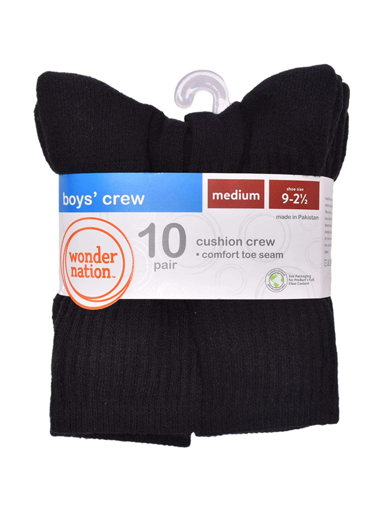 Wonder Nation Boys Cushioned Crew Socks, 10-Pack Sizes S (4-8.5) - L (3-9)