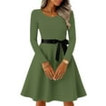 thumbnail image 2 of Women's Midi Dress Long Sleeve Crew Neck Solid Color Vintage Casual Belted Waist Dress for Spring Fall Everyday Wear,Green,XL, 2 of 6