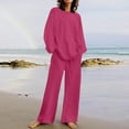 thumbnail image 2 of Lounge Fall Outfits Womens Loose Long Sleeve Round Neck Tops and Wide Leg Pants 2 Piece Linen Sets Plus Size Clothes (2XL, Hot Pink), 2 of 7