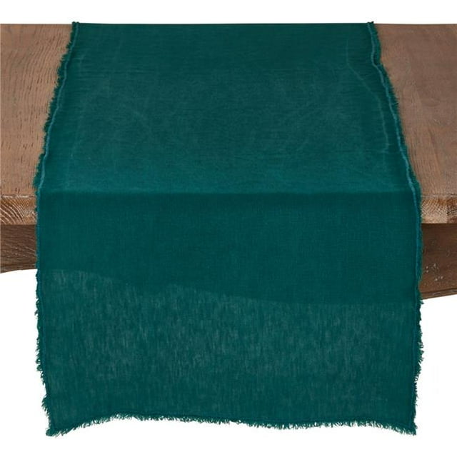 SARO 13009.JG1672B 16 x 72 in. Graciella Rectangle Fringed Design Stone Washed Linen Table Runner - Jasper Green