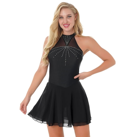 DPOIS Women's Rhinestones Mesh Skirted Leotard Figure Ice Skating Dress Black XXL