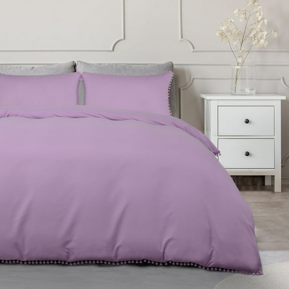PiccoCasa 3-Piece Duvet Cover Set with Pompoms Tassel, Twin Purple