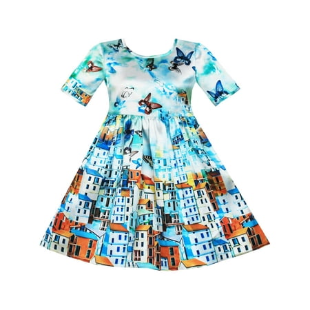 - Girls Dress Satin Blue Sky Butterfly City Building Print 4