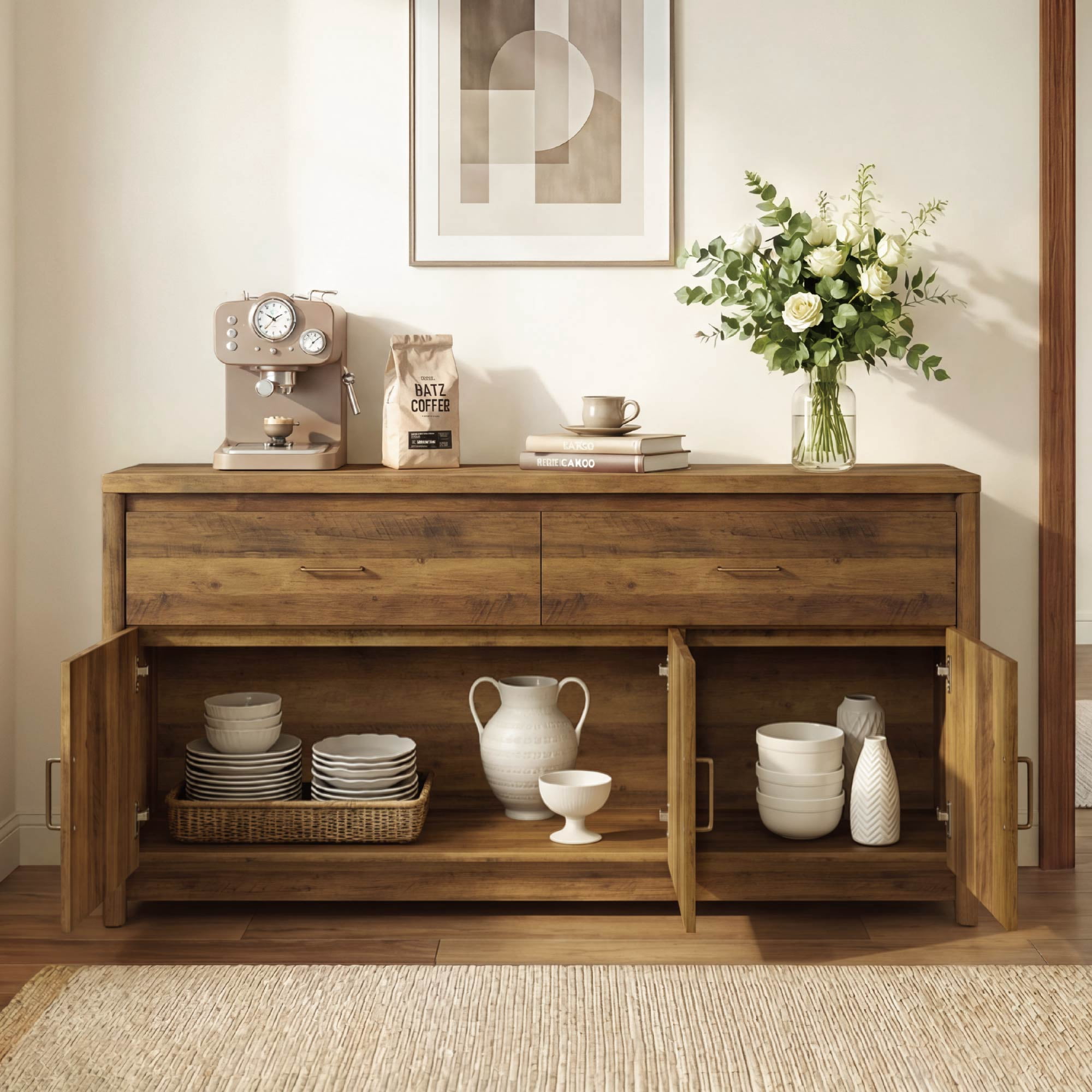 Spruce & Spring 59" Curved Sideboard Buffet Cabinet with Storage, Modern 3-Door 2-Drawer Credenza for Dining Room Living Room Entryway, Oak