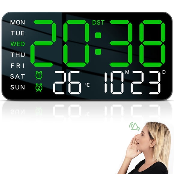 Reloj Digital de Pared con Activación por Voz, Reloj Digital con Pantalla LED, con Ajuste de Brillo,Fecha,Temperatura,DST y Función de Alarma, Adecuado para Cocina,Sala de Estar,