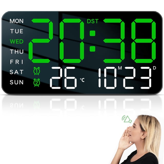 Reloj Digital de Pared con Activación por Voz, Reloj Digital con Pantalla LED, con Ajuste de Brillo,Fecha,Temperatura,DST y Función de Alarma, Adecuado para Cocina,Sala de Estar,