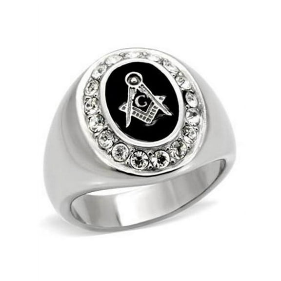 Mens 316 Stainless Steel Top Grade Crystal Around Logo Mason Ring - Size 9