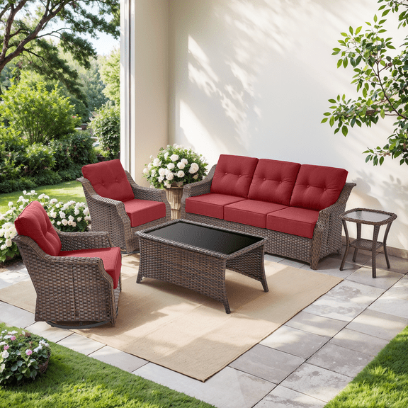 PARKWELL 5 Pieces Outdoor Patio Furniture Set,Luxury 6" Thick Conversation Set with Swivel Glider Chairs,All-Weather Seating Furniture Set for Backyard Deck, Brown/Red