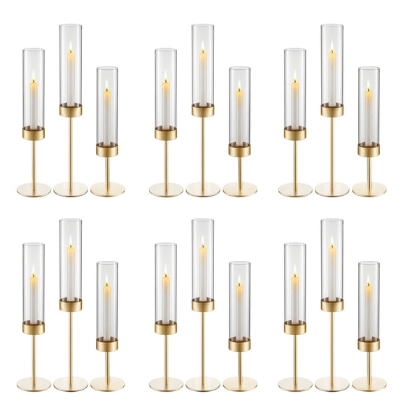 KFFKFF Set of 18 Hurricane Candle Holders, Gold Metal Stands with Clear Glass Cylinders, Stylish Tiered Design for Weddings, Table Decorations, Parties, Home Accents, Contemporary Look