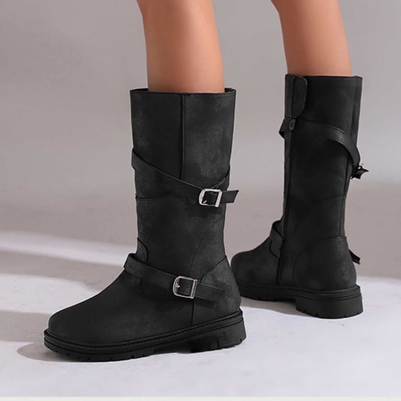 Women's Knee High Boots Stretchy Fashion Riding Boot Flat Low Heel Strap Winter Motorcycle Shoes