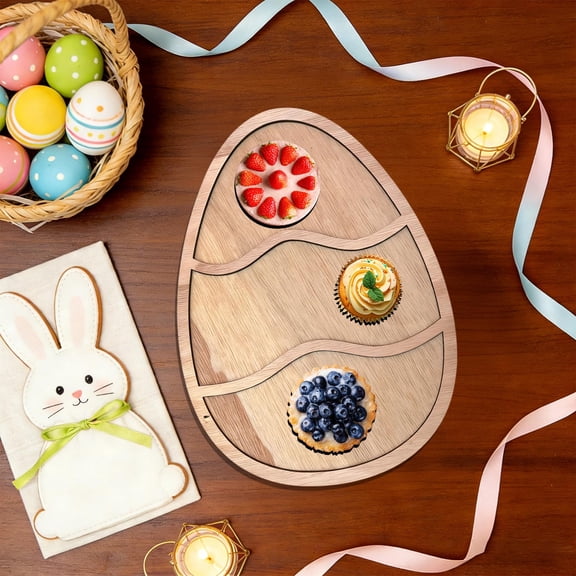 Kumdkd Easter Wooden Tray, Rabbit Carrot Egg Snack Platter 11.81x7.6 Inch, Divided Compartment Fruit Dessert Board, Food Safe Baby Plate for Holiday Party, Afternoon Tea, Gift