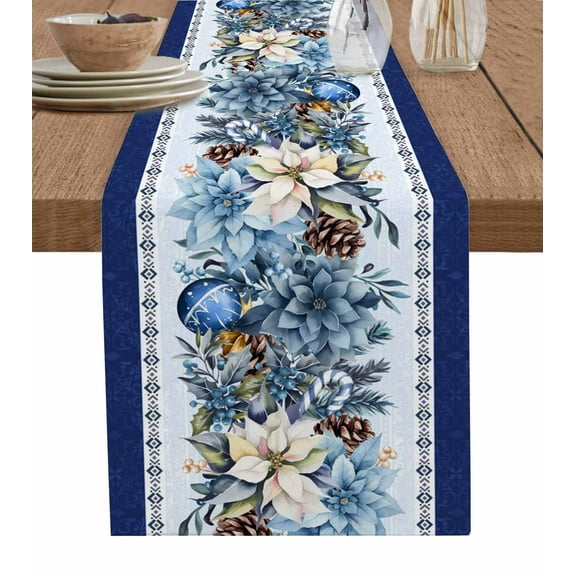 Navy Blue Christmas Table Runner 72 Inch Long Dresser Scarves Cotton Linen Tablerunners Poinsettia Xmas Ball Berry Winter Dining Kitchen Burlap Table Setting Decor for Wedding Party Holiday, 14"x72"
