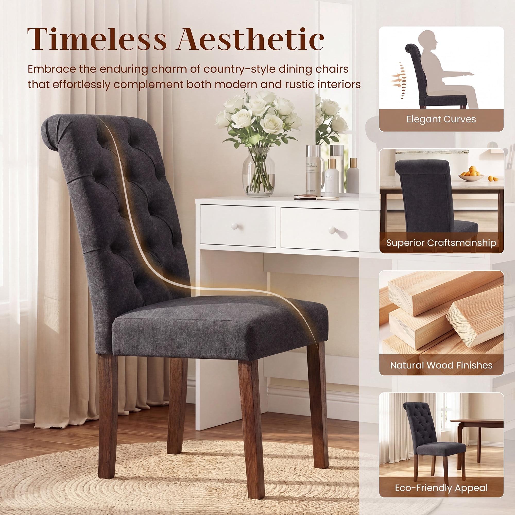 Upholstered Parsons Dining Chairs Set of 6, Button Tufted Kitchen Side Chair for Dining Room, Black