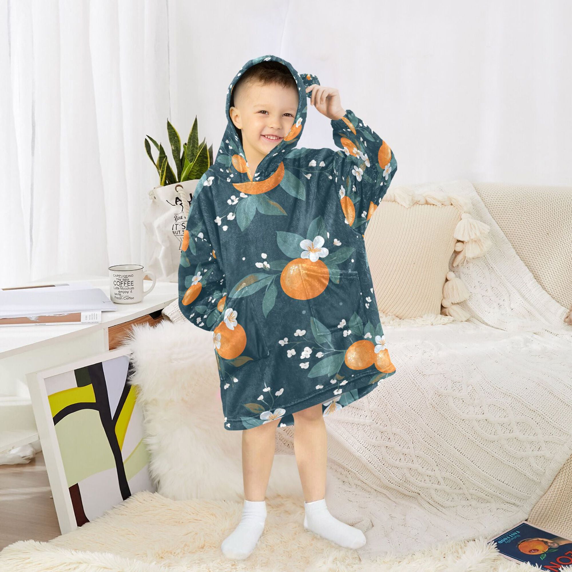 FORMRS Wearable Blanket Hoodie with Sleeves for Kids Cozy Flannel Sweatshirt, Blue Oranges