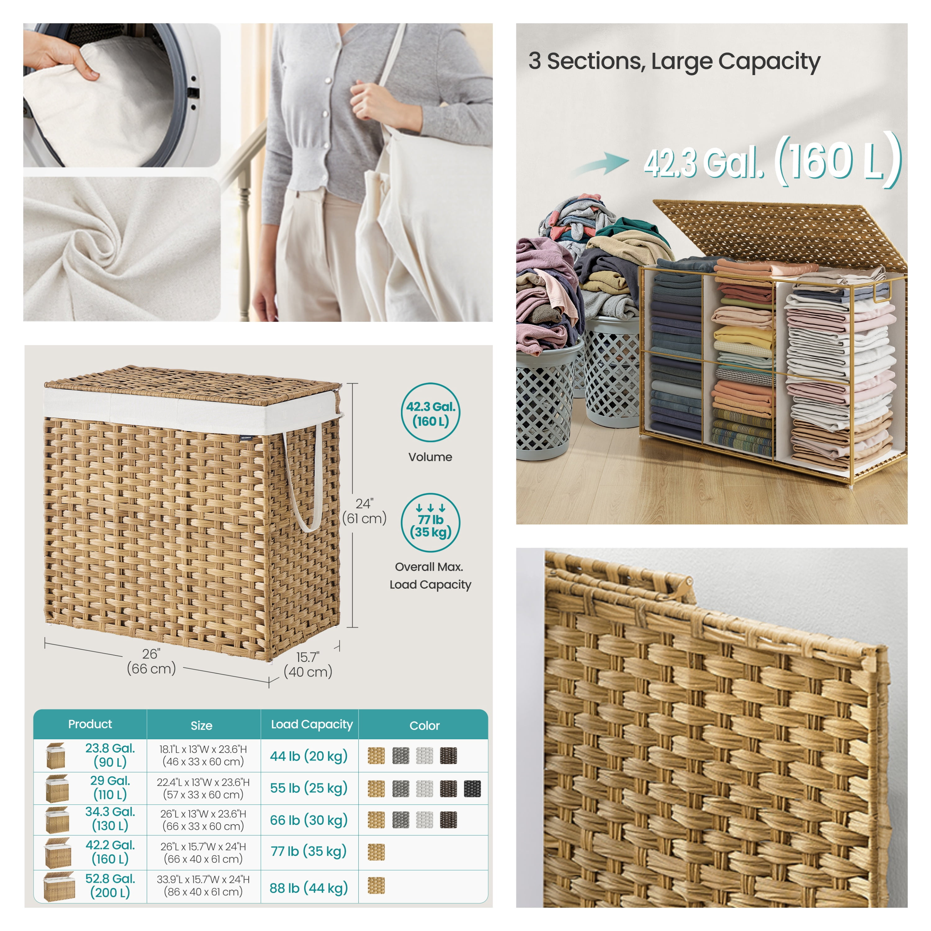 LEDREM 160 L Laundry Hamper with Lid, 3-Section Wicker Basket with Removable Liners and Mesh Bags, Double Laundry Organizer, Natural