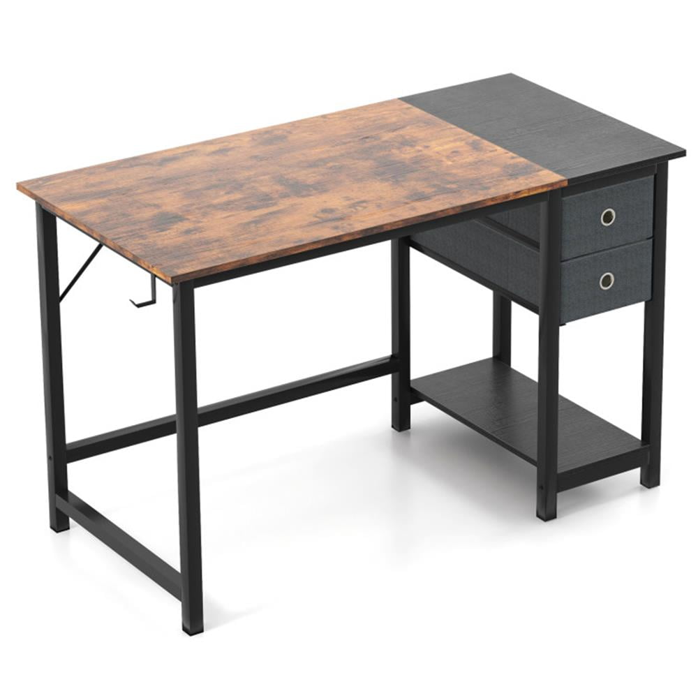 Demi Bonn 48" Home Computer Desk with 2 Drawers Hanging Hook, Office Desk Study Writing Table, Brown