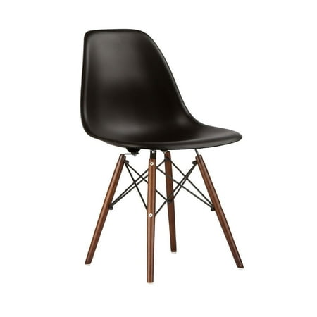 Black - Modern Style Side Chair with Walnut Wood Legs Eiffel Dining Room Chair - Lounge Chair with No Arm Seats Wooden Wood Dowel Leg - Eiffel Legged Base Molded Plastic Seat Shell