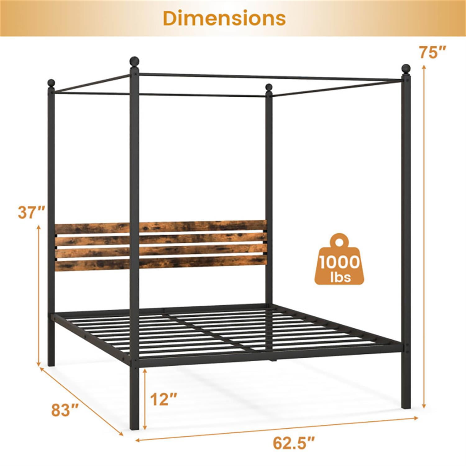 Demi Bonn Queen Size Canopy Metal Platform Bed Frame with Under Bed Storage, Steel Slat Support, No Box Spring Needed, Black