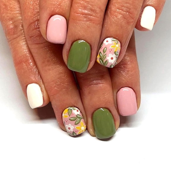 Spring Press on Nails Short Square Fake Nails White French Tip Nails Press ons Glossy Glue on Nails Nude Full Cover False Nails with White Flower Designs Artificial Stick on Nails for Women 24Pcs