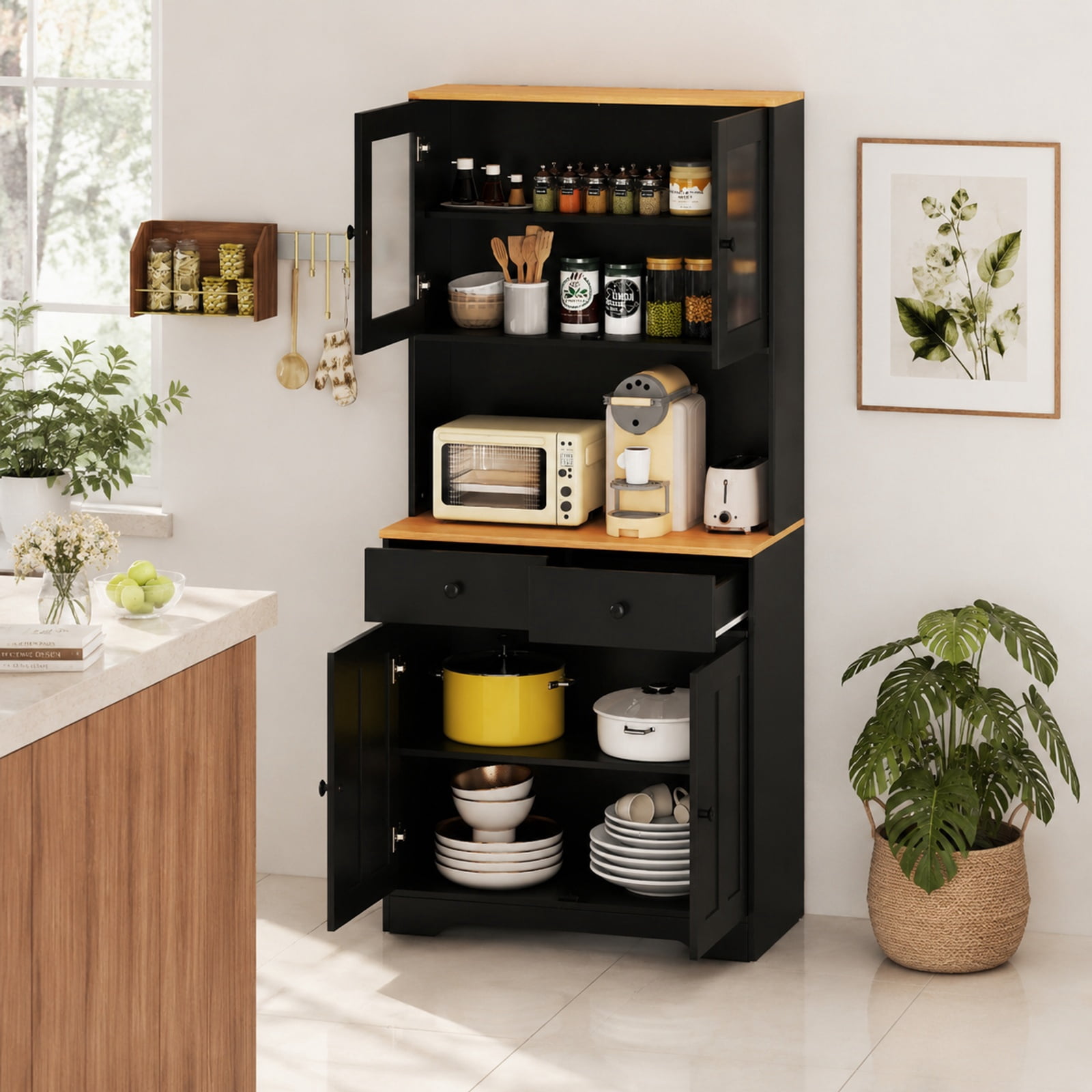 Furnibear Tall Kitchen Pantry Cabinet with Glass Doors 2 Drawers Adjustable Shelves and Countertop Freestanding Storage Cabinet for Kitchen, Black