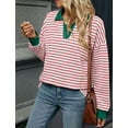 thumbnail image 7 of OBEEII Sweatshirts for Women Comfy Chic Loose Fall Clothes Pink White Striped Shirts Plus Size V Neck Pullover Tops, 7 of 7