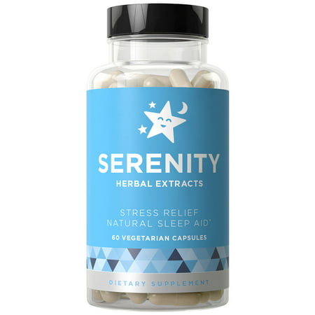 SERENITY Natural Sleep Aid, Stress & Anxiety Relief - Relaxes Mind & Body, Fall Asleep Fast Without Waking Up Groggy - Non-Habit Forming - Magnesium, Valerian, Chamomile - 60 Vegetarian Soft
