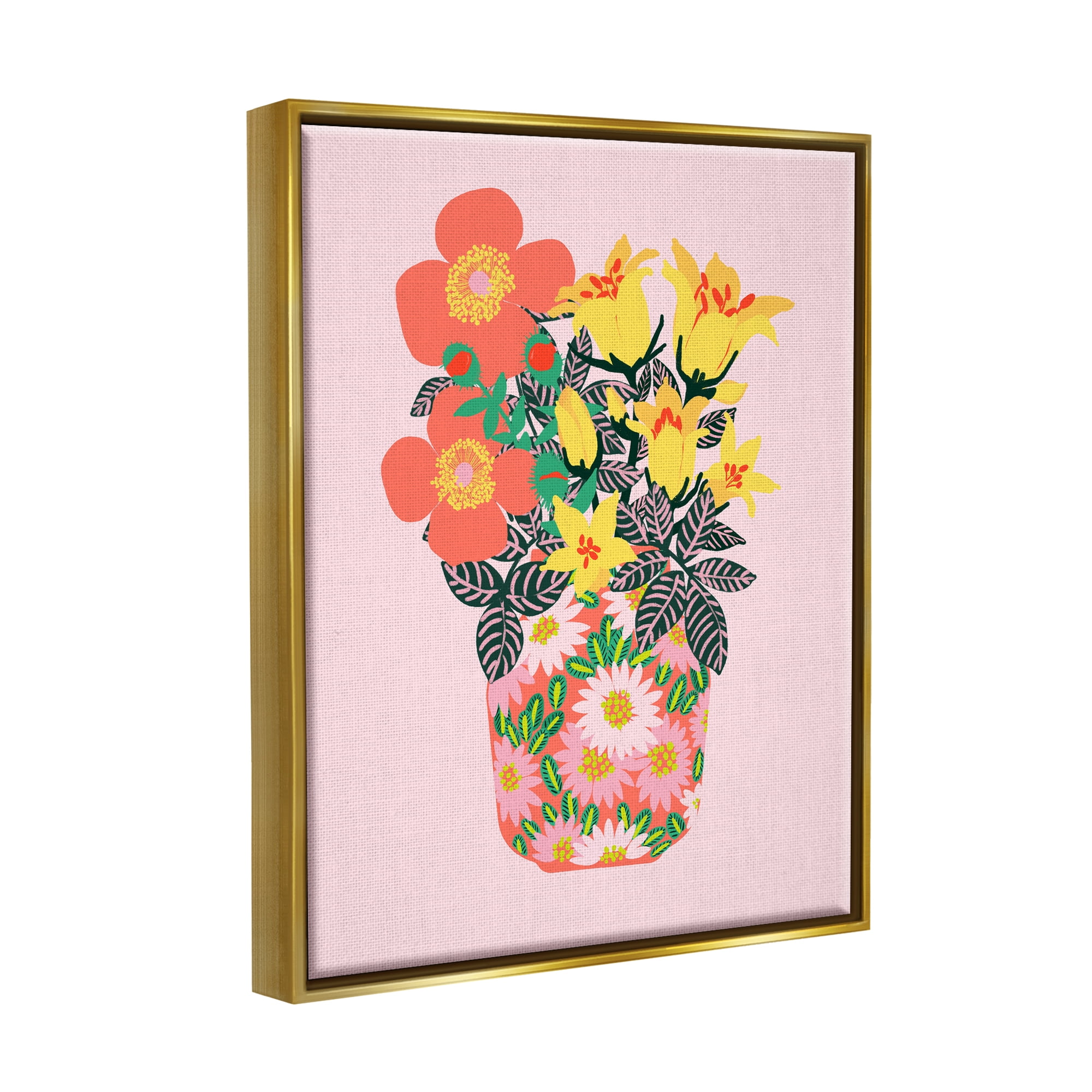 Stupell Industries Pink Modern Bouquet Botanical & Floral Painting Gold Floater Framed Canvas Art Print Wall Art, 17 x 21
