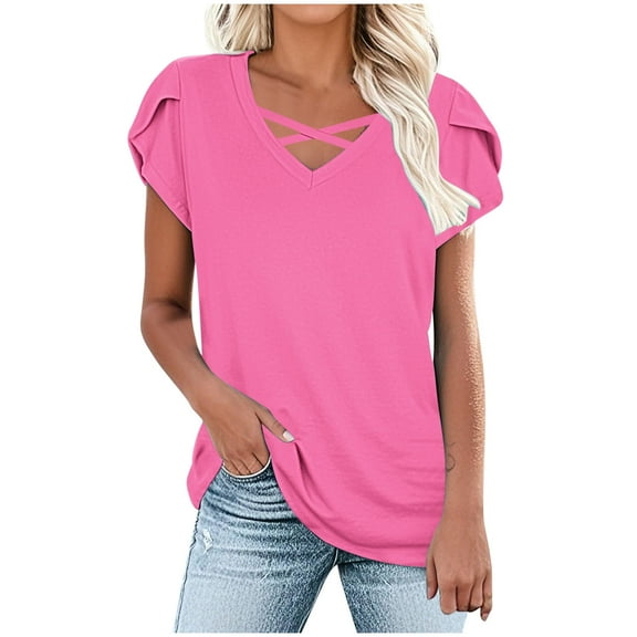 Women’s Petal Sleeve Tops Fashion Crossover Strappy Loose T-Shirt Summer V-Neck Pullover Tee,Pink,XL