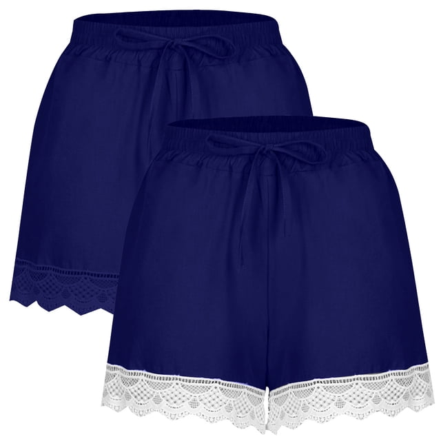 Timegard 2pc Shorts for Women Plus Size Elastic Waisted Drawstring Lace Ruffle Summer Casual Loose Shorts