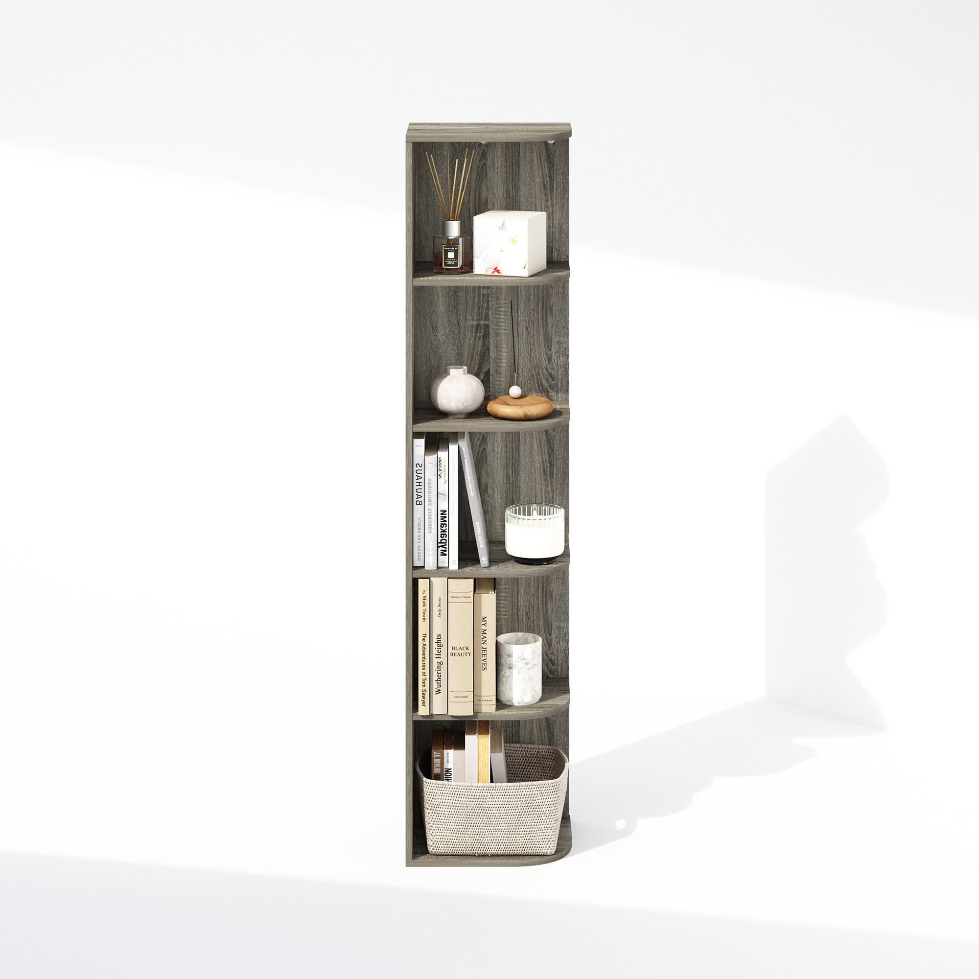 Furinno Reed 5-Tier Space Saving Corner Storage Display Shelf, Bookshelf, French Oak
