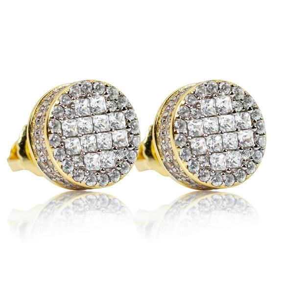 Men's Round Two Tone 14K Gold Plated 925 Sterling Silver Screw Back Post Cluster Square Princess Cut Hip Hop Gauges Circle Shape Stud Earrings