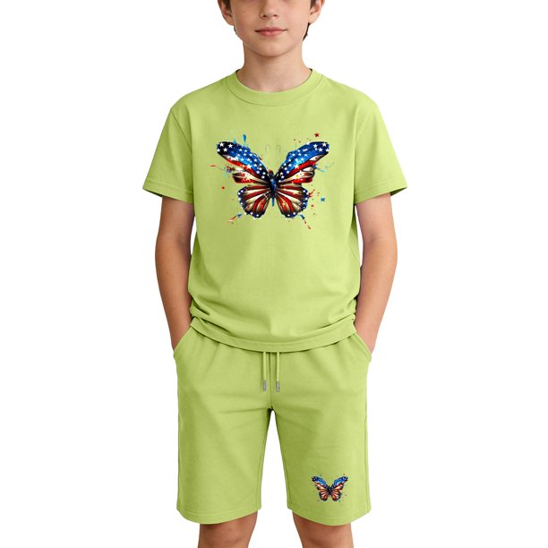Odeerbi Niños Niñas Outfit Día de La Independencia Camiseta de Manga Corta Con Estampado Patriótico Con Pantalones Cortos Set de 2 Piezas