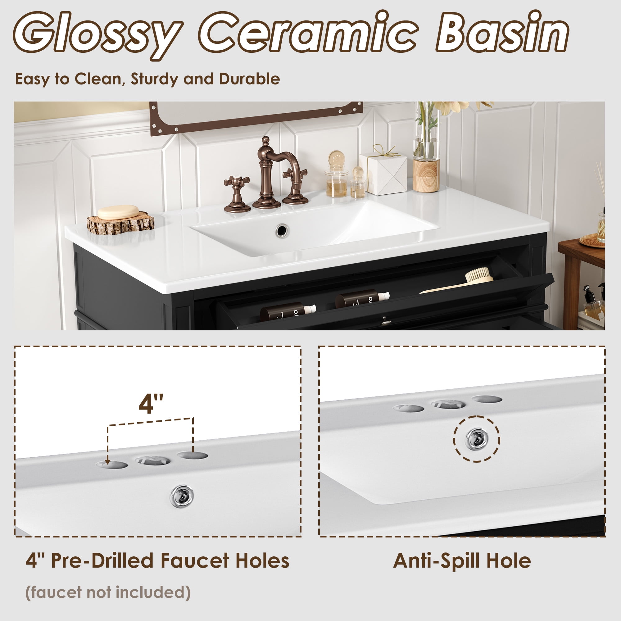 Harper & Bright Designs 36" Bathroom Single Vanity Sink Combo with Storage, Bathroom Floor Cabinet with Drawers and Doors, Black