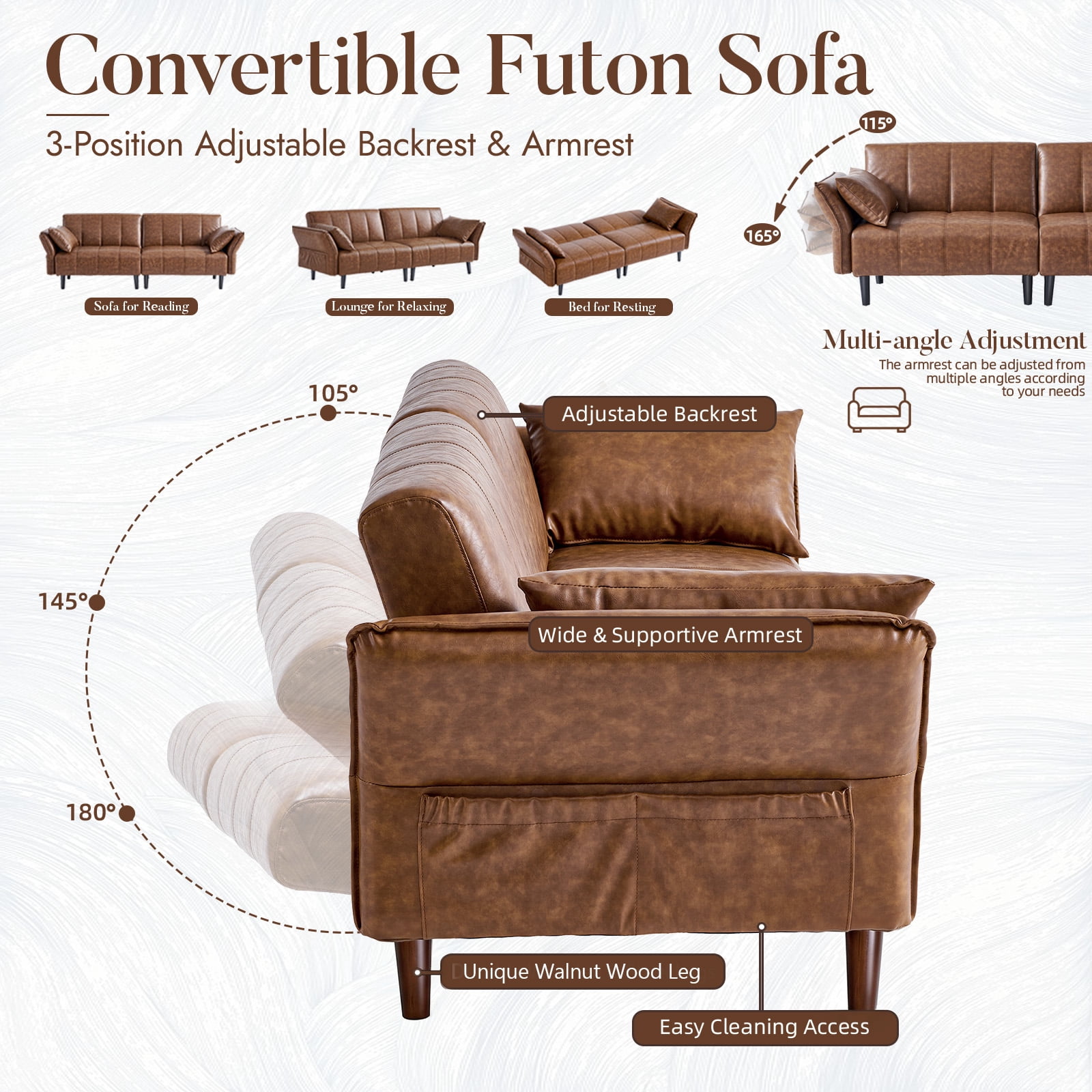 77" Faux Leather Sofa,Mid Century Modern Convertible Futon Sofa Bed Loveseat with Adjustable Armrest and Backrest,2 Pillows for Living Room,Office,Brown