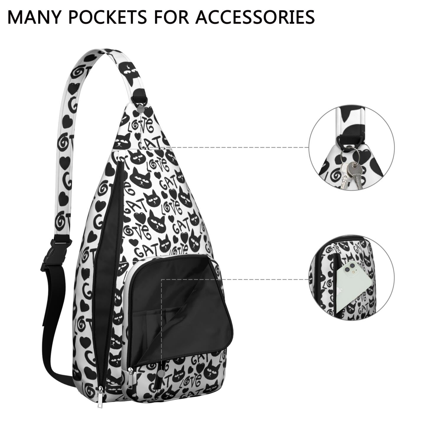 Floral Cat Shoulder Bag - Hand-drawn Cat Graphic Sling Backpack (Lightweight & Breathable, Organized Storage)