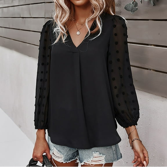 womens tops under $5 Tops For Women WomenFashion Summer Solid Color V-Neck Long Sleeve Chiffon Tops