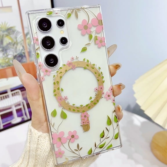 Dteck for Samsung Galaxy S26 Ultra Case, Compatible with MagSafe, Slim Floral Pattern Shockproof Clear Phone Cover,Pink Flowers