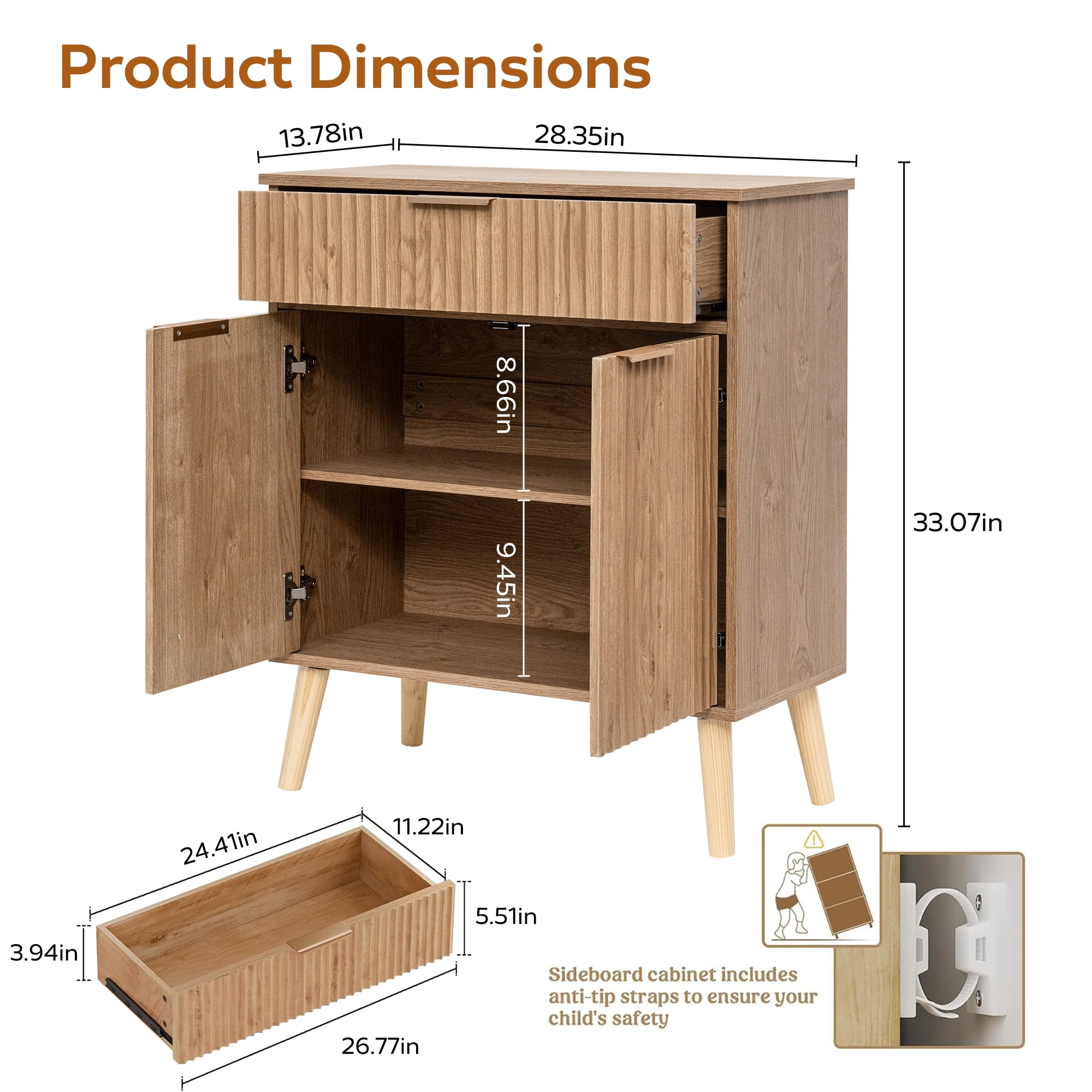 Leumius Kitchen Storage Cabinet with Adjustable Shelves,1 Drawer & 2 Doors,Sideboard Buffet Cabinet with Solid Wood Feet for Living Room, Kitchen, Entryway, Natural