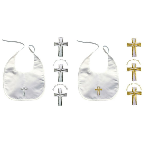 Baby Toddler Infant Christening Baptism White BiB Gold Silver Embroidered Cross