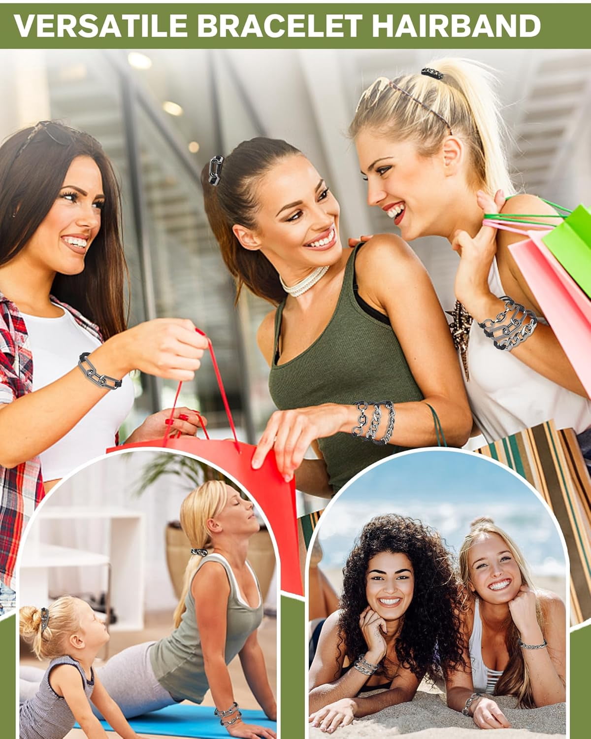 4-Pack Black Hair Ties - Hair Bands for Women's Hair Double as Cute Hair Tie Bracelet, Double Rope Elastic Metal Hair Ties for Thick Hair, No Damage Hair Cuffs for Ponytail,Thin, Curly Hair