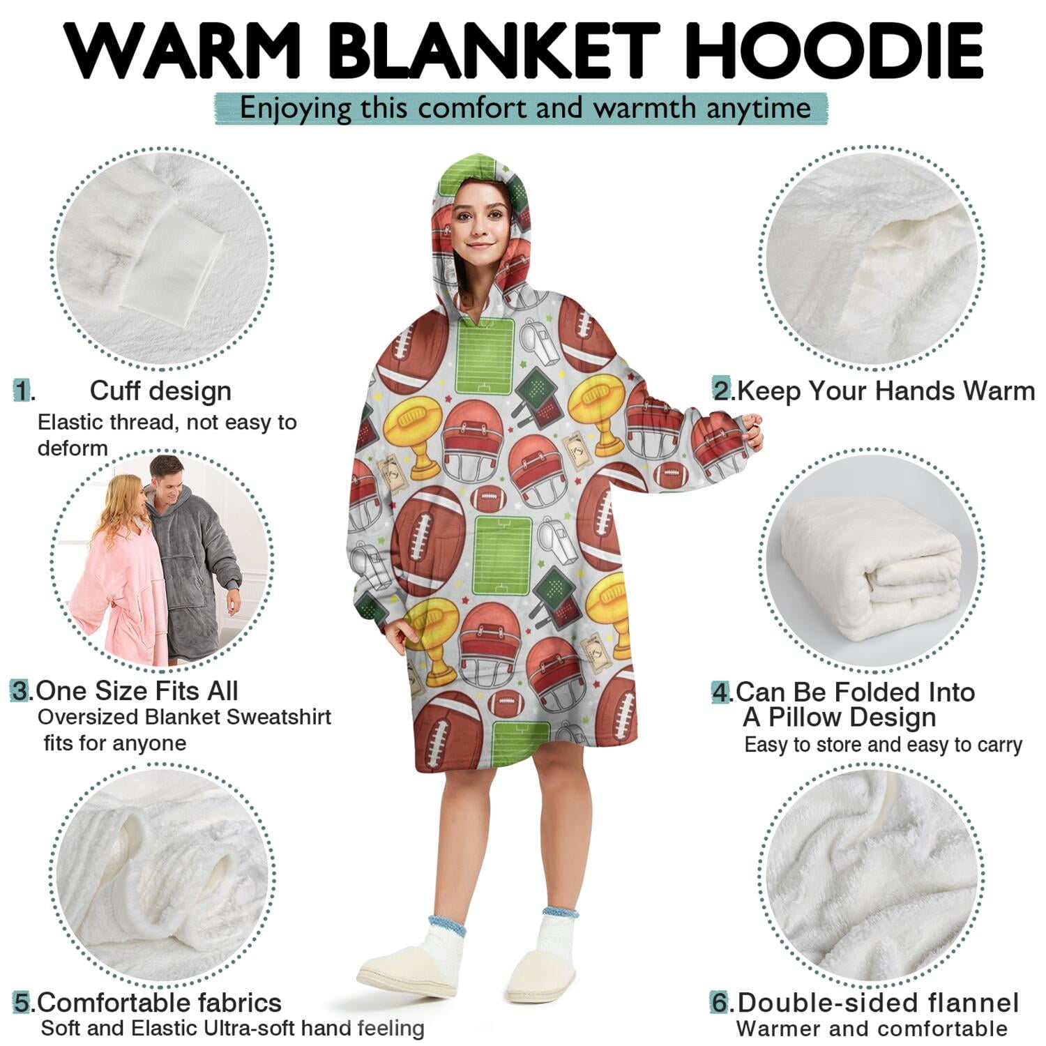 Gray Football Elements Pattern Wearable Oversized Blanket,Wearable Blanket Hoodie for Adults,Cozy Hooded Blankets with Super Pockets,Super Warm Fuzzy Pullover for Women & Men