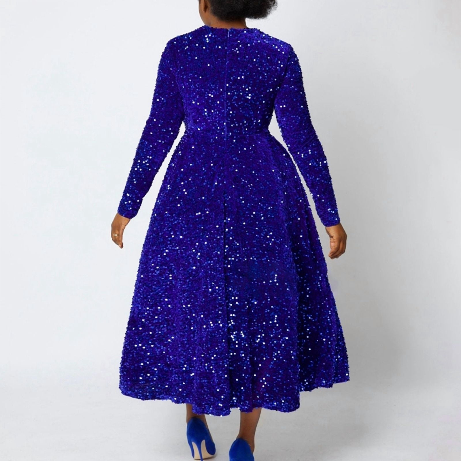 Women'S Sequin Dress Plus Size Long Sleeve A-Line Flared Party Cocktail Evening Shiny Maxi Dress Royal Blue M