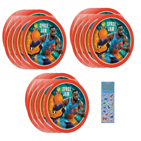 Space Jam Birthday Party Supplies Bundle includes 24 Large Lunch Party Paper Plates 9", 1 Dinosaur Sticker Sheet