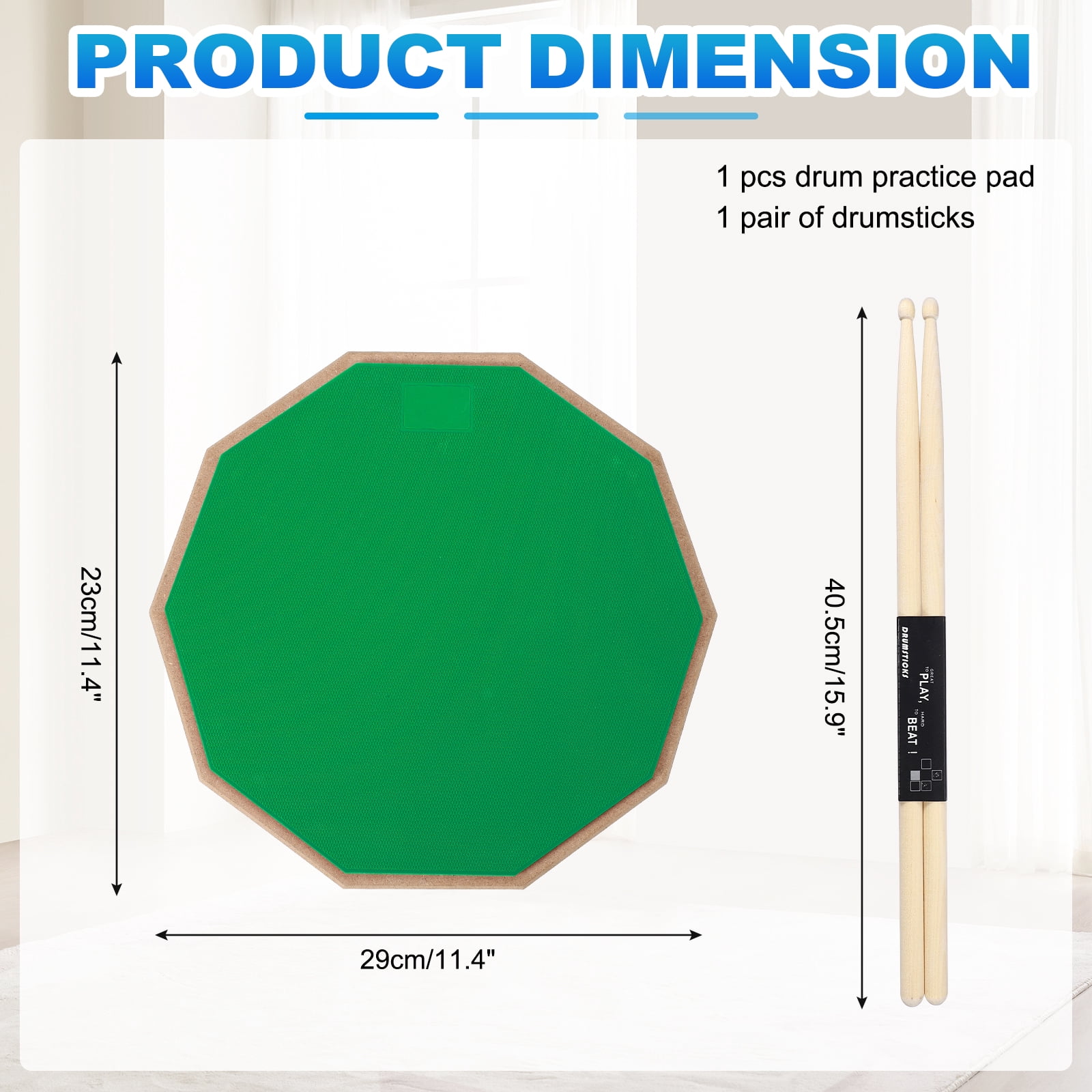 Uxcell Practice Drum Pad Set, 12 Inch Double Sided Silent Snare Drum Pad with 5A Drumsticks for Drummers, Beginners, Quiet Training (Green)