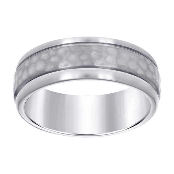 Stainless Steel Mens Double Grooved Center Hammered Size 13 Comfort-fit Fashion Band Ring Wedding Band for Men